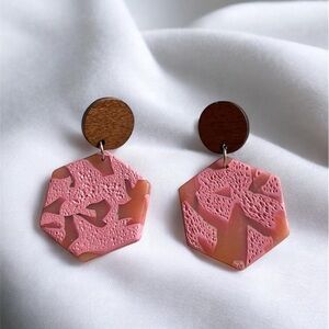 Pink Translucent Textured Wooden Dangling Polymer Clay Earrings